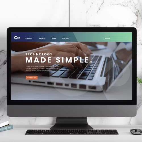 Mockup de sitio web para Automated Solutions mostrando su propuesta de valor “Technology Made Simple” en un diseño limpio sobre escritorio moderno